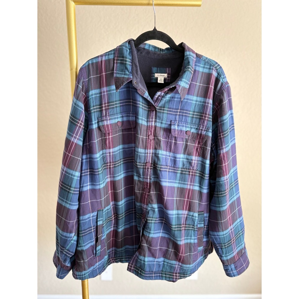 LL Bean Fleece Lined Flannel Shirt Jacket Womens 2X Plaid Outdoors Capsule Cozy